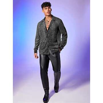 WDIRARA Men's Sheer Mesh See Through Glitter Button Front Long Sleeve Shirt Tops