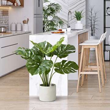 Serene Spaces Living Real Looking Artificial Monstera Plant in Cement Pot, Medium Sized Faux Plant f...