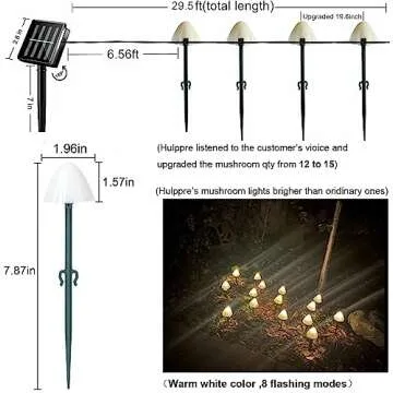HULPPRE Mushroom Solar Lights-Set of 15pcs 29.5ft Fairy String Light,Warm White 8 Modes Outside Solar Pathway Lighting,Outdoor Decoration for Garden,Backyard,Lawn,Party,Christmas