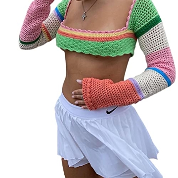 Women Y2k Long Sleeve Knit Crop Top Casual Color Block Crochet Cropped Sweater Tops Square Neck Knitwear (FF77539A2, Small) Green