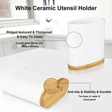 Stylish Large Ceramic Utensil Holder with Bamboo Base