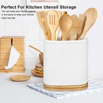 Stylish Large Ceramic Utensil Holder with Bamboo Base