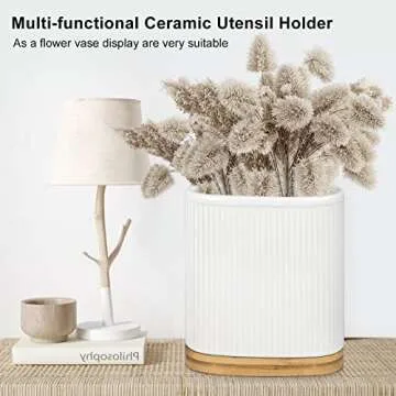 Stylish Large Ceramic Utensil Holder with Bamboo Base