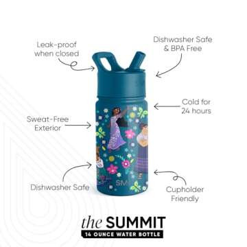 Simple Modern Disney Encanto Water Bottle with Straw Lid | Reusable Insulated Stainless Steel Cup for Girls, School | Summit Collection | 14oz, Encanto