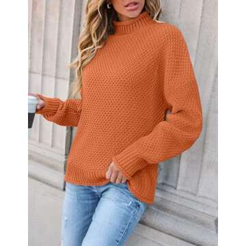 ZESICA Women's Turtleneck Batwing Sleeve Loose Oversized Chunky Knitted Pullover Sweater Jumper Tops,Orange2,Medium