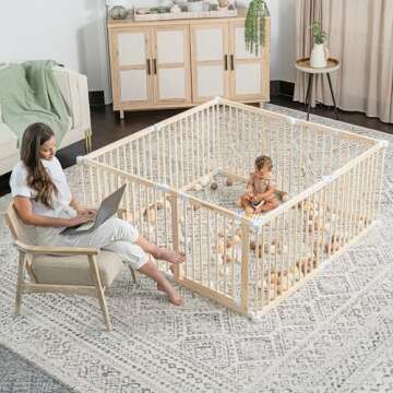Comfy Cubs Baby Gate Playpen - 57 x 57 x 25 in, Extends Up to 228” - Pine Wood Foldable Playpen wi...