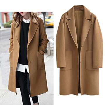 Omoone Women's Notched Lapel Wool Coats - Mid Long Button Pea Coat for Stylish Warmth