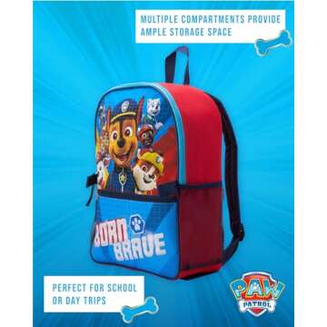 Fast Forward Kids Backpack - Disney Frozen Spider-Man Paw Patrol - 15" School Bookbag with Lunch Box for Boys and Girls, Paw Blue/Red