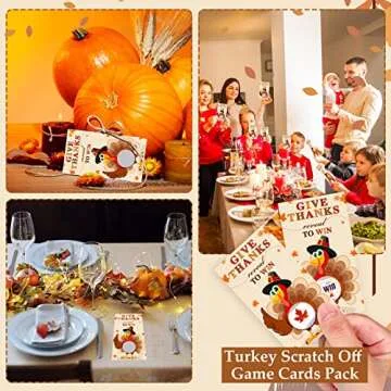 Sabary 50 Pcs Thanksgiving Party Games Turkey Scratch Off Cards with Matching Scratch Stickers Fall DIY Scratch Tickets for Family Adults Fun Dinner Activities