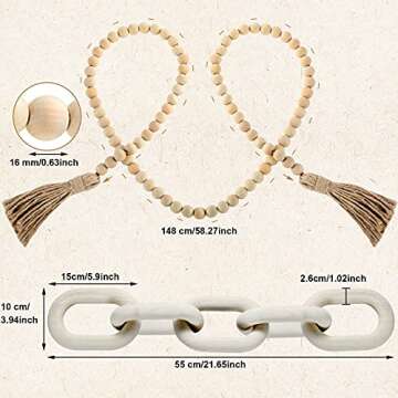 Decorative Wood 5-Link Carved Chain Decor Set Includes Decorative Pine Wood Chain Link and 58.27 Inch Wood Bead Garland Hand Carved Chain Farmhouse Modern Boho Decorations for Living Room (White)