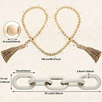 Decorative Wood 5-Link Carved Chain Decor Set Includes Decorative Pine Wood Chain Link and 58.27 Inch Wood Bead Garland Hand Carved Chain Farmhouse Modern Boho Decorations for Living Room (White)
