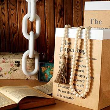Decorative Wood 5-Link Carved Chain Decor Set Includes Decorative Pine Wood Chain Link and 58.27 Inch Wood Bead Garland Hand Carved Chain Farmhouse Modern Boho Decorations for Living Room (White)