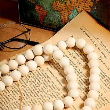 Decorative Wood 5-Link Carved Chain Decor Set Includes Decorative Pine Wood Chain Link and 58.27 Inch Wood Bead Garland Hand Carved Chain Farmhouse Modern Boho Decorations for Living Room (White)