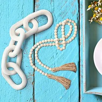 Decorative Wood 5-Link Carved Chain Decor Set Includes Decorative Pine Wood Chain Link and 58.27 Inch Wood Bead Garland Hand Carved Chain Farmhouse Modern Boho Decorations for Living Room (White)