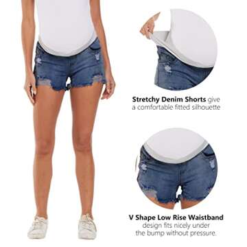 Foucome Maternity Jean Shorts Wide Elastic Band Maternity Shorts for Women Denim (Blue, L)