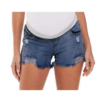 Foucome Maternity Jean Shorts Wide Elastic Band Maternity Shorts for Women Denim (Blue, L)