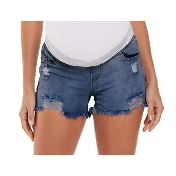 Foucome Maternity Jean Shorts Wide Elastic Band Maternity Shorts for Women Denim (Blue, L)