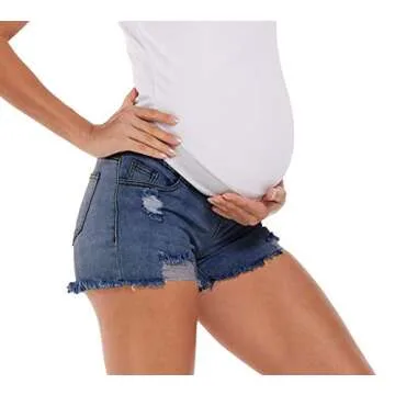 Foucome Maternity Jean Shorts Wide Elastic Band Maternity Shorts for Women Denim (Blue, L)