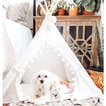little dove Pet Teepee House Fold Away Pet Tent Furniture Cat Bed with Cushion 28 Inch White Pompom