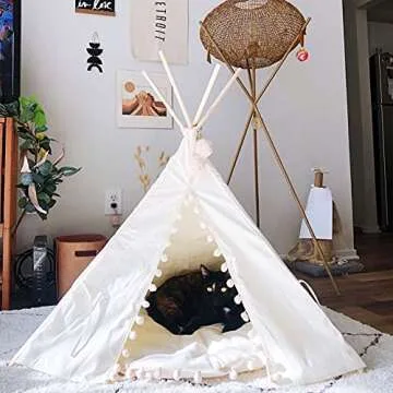 little dove Pet Teepee House Fold Away Pet Tent Furniture Cat Bed with Cushion 28 Inch White Pompom