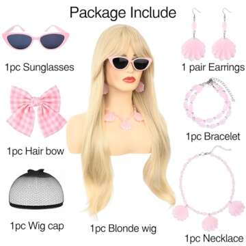 morvally Long Blonde Wig with Bangs for Women Wavy Synthetic Hair Wigs Cosplay Costume Halloween Par...