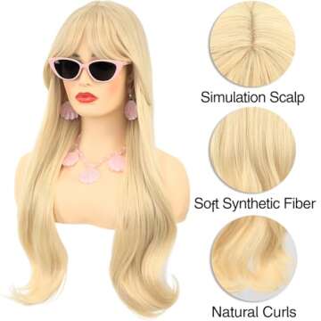 morvally Long Blonde Wig with Bangs for Women Wavy Synthetic Hair Wigs Cosplay Costume Halloween Party Daily Wear Including Shell Necklace Bracelets Earrings Sunglasses and Bow Hair Clip