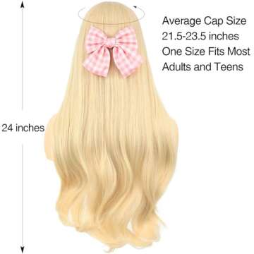 morvally Long Blonde Wig with Bangs for Women Wavy Synthetic Hair Wigs Cosplay Costume Halloween Party Daily Wear Including Shell Necklace Bracelets Earrings Sunglasses and Bow Hair Clip
