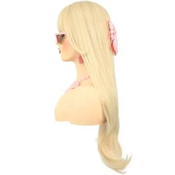 morvally Long Blonde Wig with Bangs for Women Wavy Synthetic Hair Wigs Cosplay Costume Halloween Party Daily Wear Including Shell Necklace Bracelets Earrings Sunglasses and Bow Hair Clip