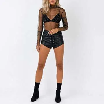 Women Sheer Mesh Glitter Sequin Turtleneck Tee  Tops