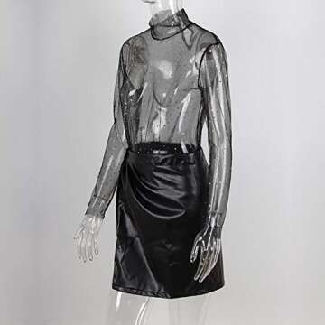 Women Sheer Mesh Glitter Sequin Turtleneck Tee  Tops