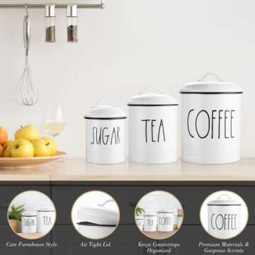 Brighter Barns Large Coffee Tea Sugar Canister Set Farmhouse Coffee Container Set - Large Airtight F...