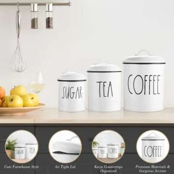 Brighter Barns Large Coffee Tea Sugar Canister Set Farmhouse Coffee Container Set - Large Airtight F...