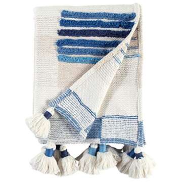 Amazon Brand – Rivet Global Textured 100% Cotton Throw Blanket With Large Tassels, Blue and White, 50"x60"