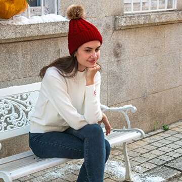 Simplicity Beanies Women Hat Winter Hat Hand Knit Faux Fur Pom Slouchy Beanie for Women Burgundy