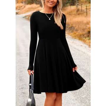 PRETTYGARDEN Women's Fall Short Dress Ribbed Knit Crewneck Long Sleeve A Line Flowy Casual Elegant Cute Going Out Dresses (Black,Medium)