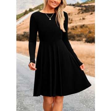 PRETTYGARDEN Women's Fall Short Dress Ribbed Knit Crewneck Long Sleeve A Line Flowy Casual Elegant Cute Going Out Dresses (Black,Medium)
