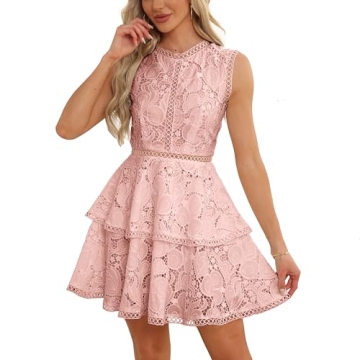 iceKiss Women's Lace Floral Mini Dress - A-Line Cocktail Dress in Pink