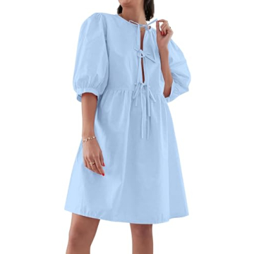 AKLOPVII Women's Summer Dresses Tie Up Puff Sleeve Mini Dress Crew Neck Loose Fit Casual Y2K Beach P...