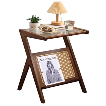 Tiita Rattan Nightstand Side Table, Bamboo Accent Bedside Tables, Glass Coffee Tables, Boho Wooden E...