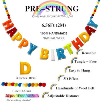 Meygajoe Pre-Strung Happy Birthday Banner - Rainbow Happy Birthday Garland - Natural Handmade Wool L...