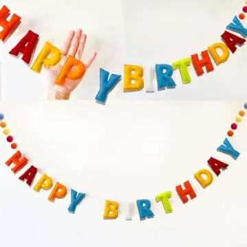 Meygajoe Pre-Strung Happy Birthday Banner - Rainbow Happy Birthday Garland - Natural Handmade Wool Letters & Balls, Reusable Birthday Party Decorations & Party Supplies,Ready-to-Hang - 6Ft