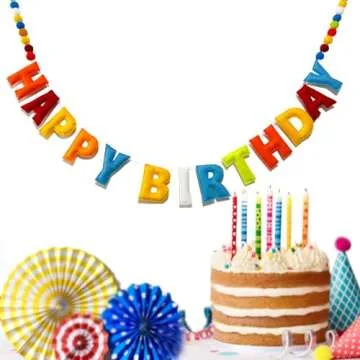 Meygajoe Pre-Strung Happy Birthday Banner - Rainbow Happy Birthday Garland - Natural Handmade Wool Letters & Balls, Reusable Birthday Party Decorations & Party Supplies,Ready-to-Hang - 6Ft