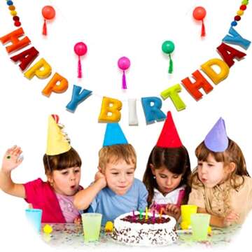 Meygajoe Pre-Strung Happy Birthday Banner - Rainbow Happy Birthday Garland - Natural Handmade Wool Letters & Balls, Reusable Birthday Party Decorations & Party Supplies,Ready-to-Hang - 6Ft