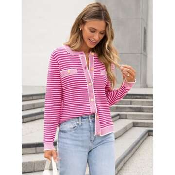 ANRABESS Women's Striped Cardigan Sweaters Casual Long Sleeve Open Front Button Down Knit Cropped Jackets Fall Coat Outerwear Small