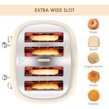 4 Slice Toaster Roter Mond Retro Stainless Steel with Bagel Defrost Cancel Function, 6 Browning Settings, Extre Wide Slot and Removable Crumb Tray, Cream, ST033