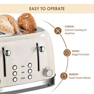 4 Slice Toaster Roter Mond Retro Stainless Steel with Bagel Defrost Cancel Function, 6 Browning Settings, Extre Wide Slot and Removable Crumb Tray, Cream, ST033