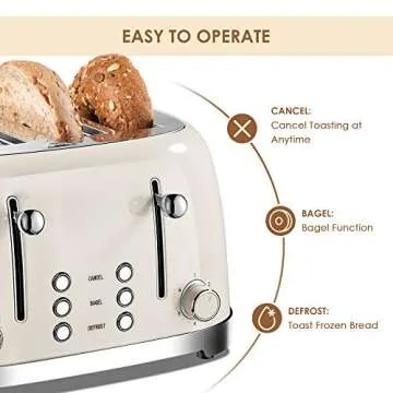4 Slice Toaster Roter Mond Retro Stainless Steel with Bagel Defrost Cancel Function, 6 Browning Settings, Extre Wide Slot and Removable Crumb Tray, Cream, ST033