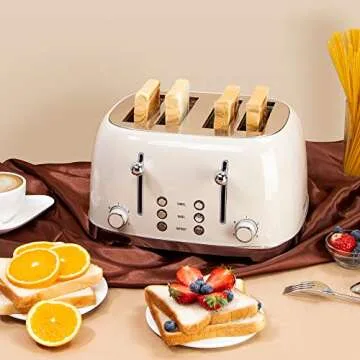 4 Slice Toaster Roter Mond Retro Stainless Steel with Bagel Defrost Cancel Function, 6 Browning Settings, Extre Wide Slot and Removable Crumb Tray, Cream, ST033