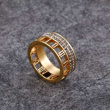 Jaline Stainless Steel CZ Zirconia Roman Numeral Ring For Women 3 in 1 Spinner Rings (Roman Numeral&CZ Gold, 9)