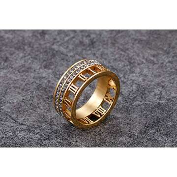 Jaline Stainless Steel CZ Zirconia Roman Numeral Ring For Women 3 in 1 Spinner Rings (Roman Numeral&CZ Gold, 9)